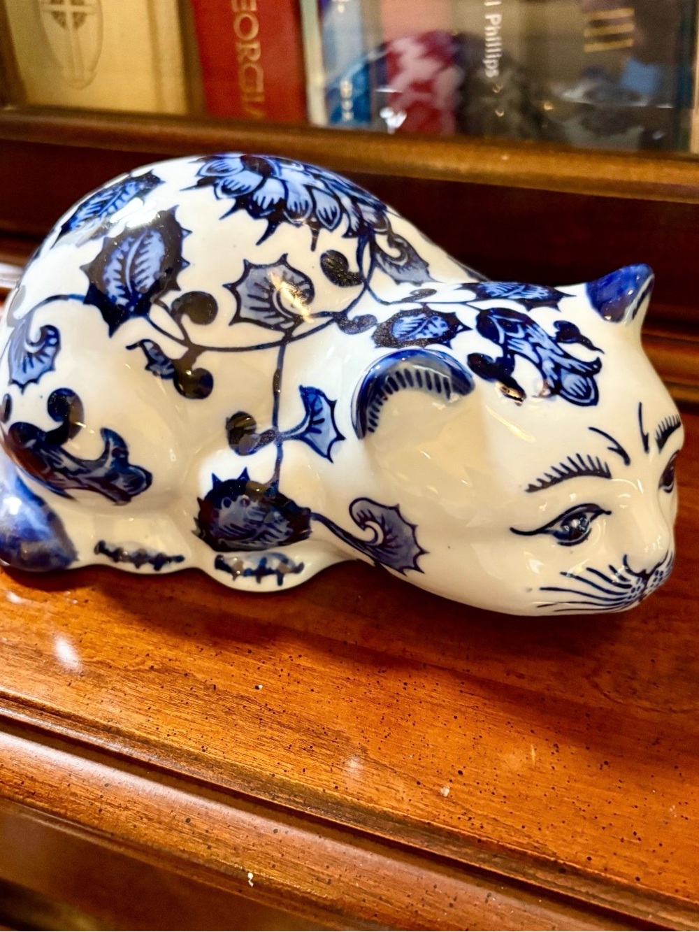 Porcelain Blue and White Cat Figurine - Floral Design